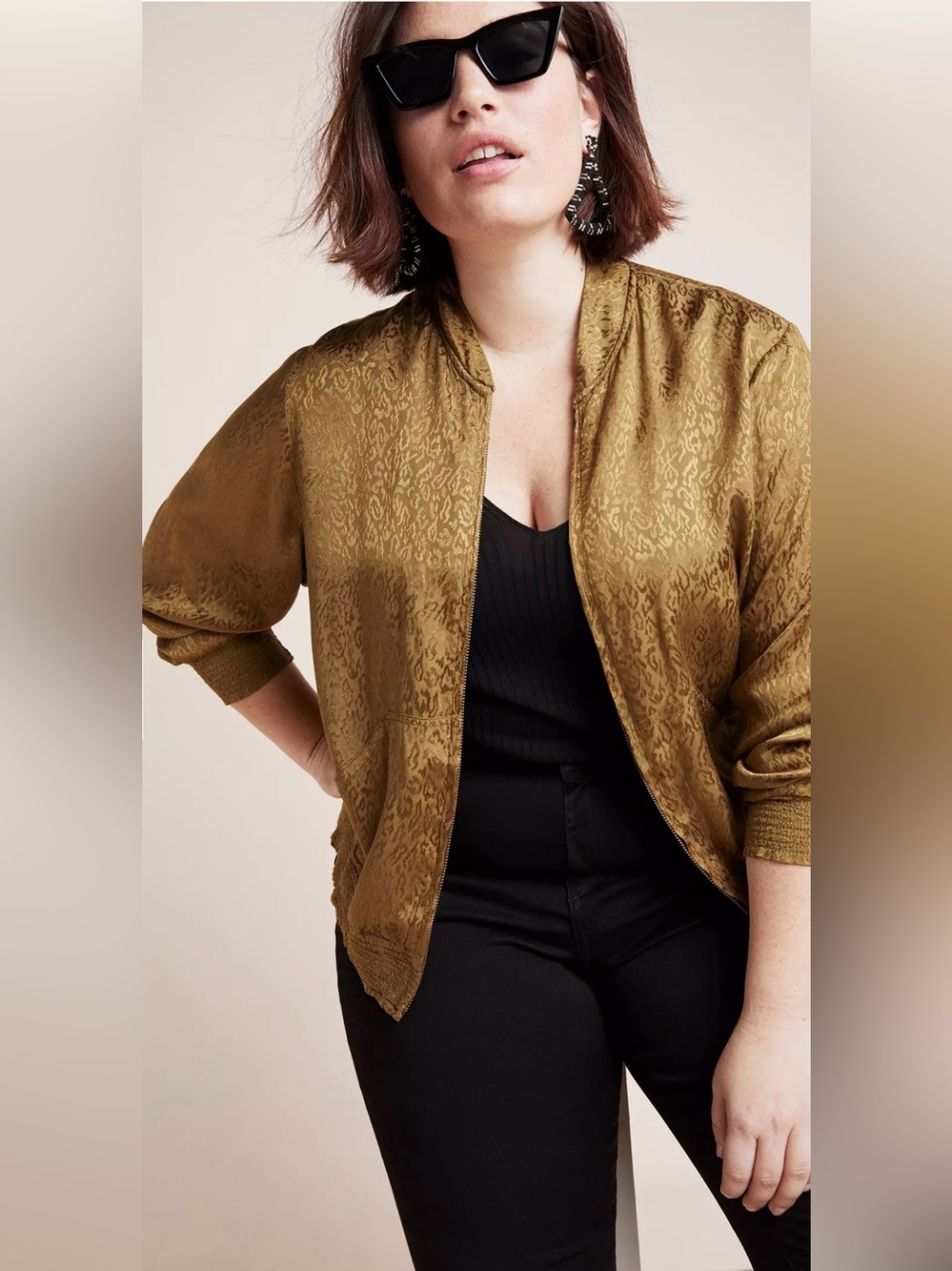 Anthropologie Gold Olive Jacquard Bomber Jacket